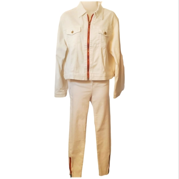 White Etienne Marcel Denim Jacket and Jeans both with Red Zipper - Picture 13 of 13